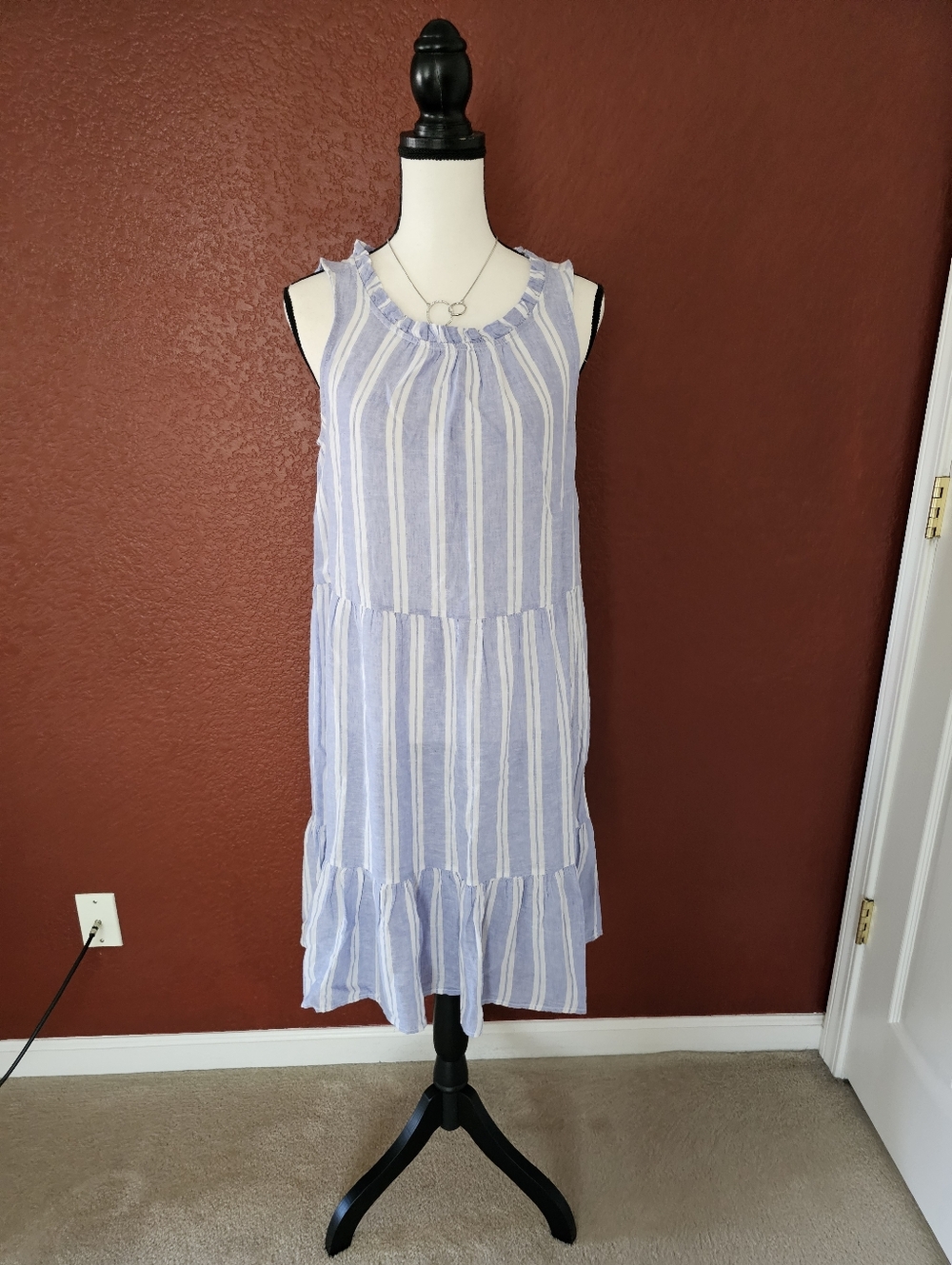 beachlunchlounge Light Blue & White Striped Ruffle Midi Dress